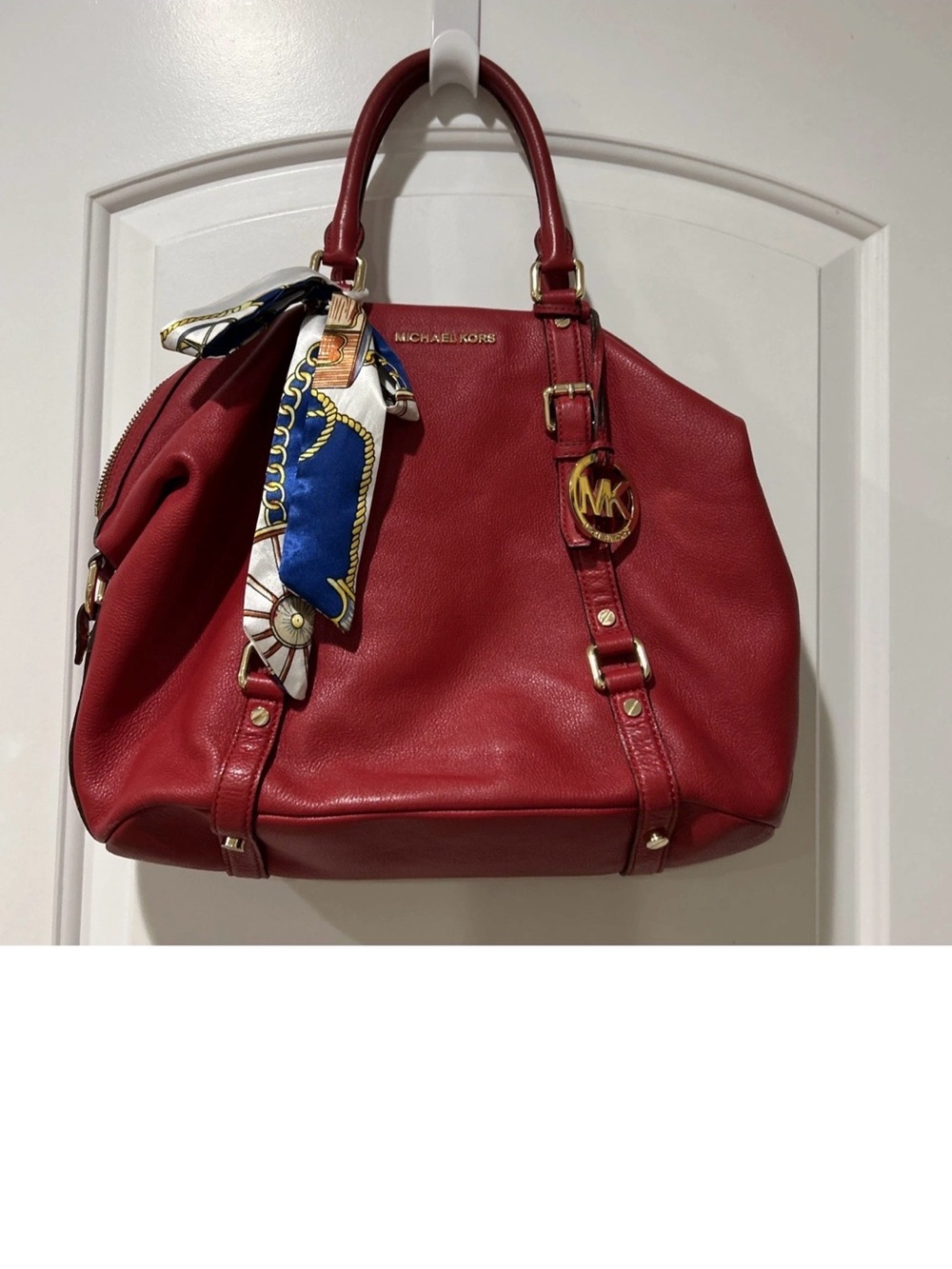 Large Michael Kors Red Leather Satchel with Signature Logo Charm